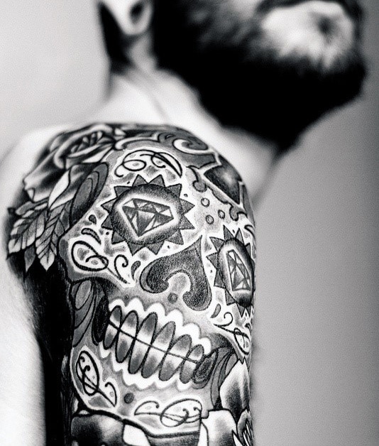 Black Sugar Skull Male Tattoo On Shoulder And Arm