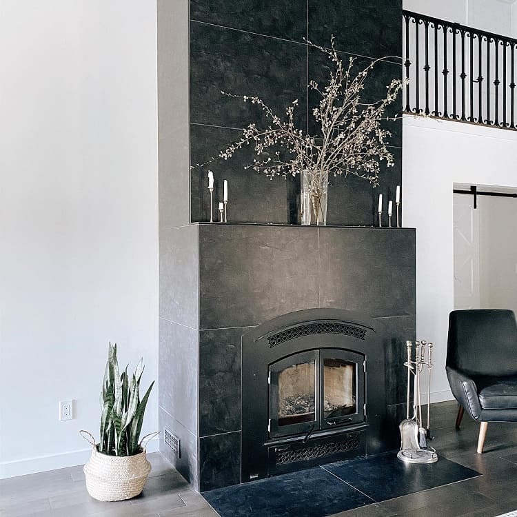 black tile fireplace