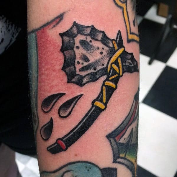 Black Tomahawk Tattoo With Yellow Cord For Men On Arm