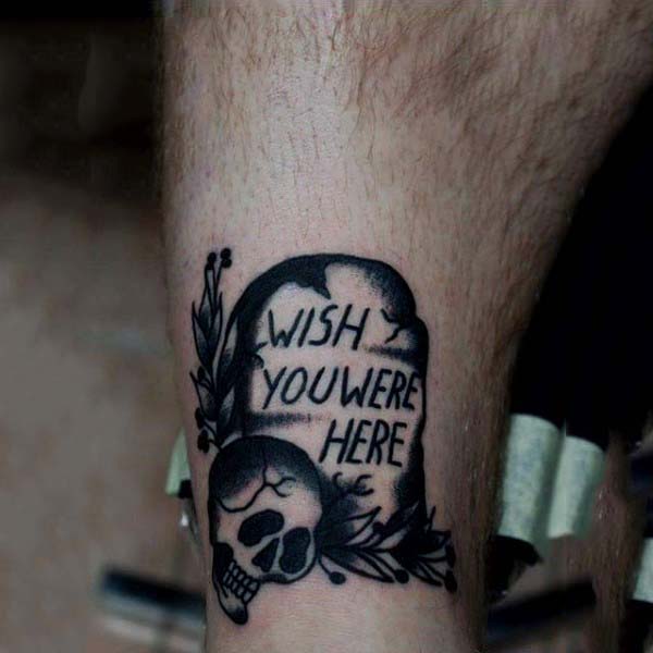 Black Traditional Tombstone Wish You Were Here Tattoos For Men