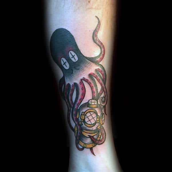 Black Traditional With Gold Diving Helmet Male Lower Leg Tattoos