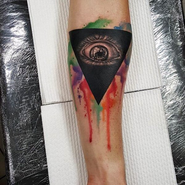 Black Triangle Eye And Splashed Colors Tattoo Male Forearms