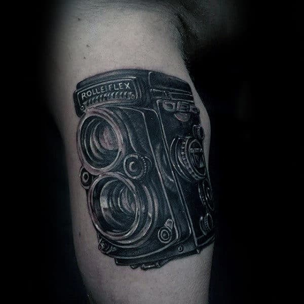 Black White Camera Tattoo Male Forearms