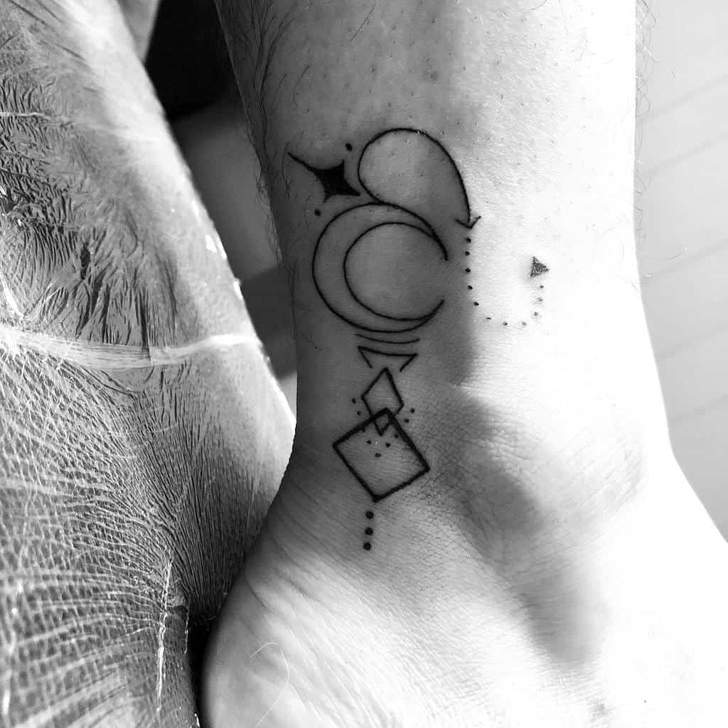 Black ink Leo zodiac tattoo with intricate dot work, arrows, and squares, creating a unique cosmic design.