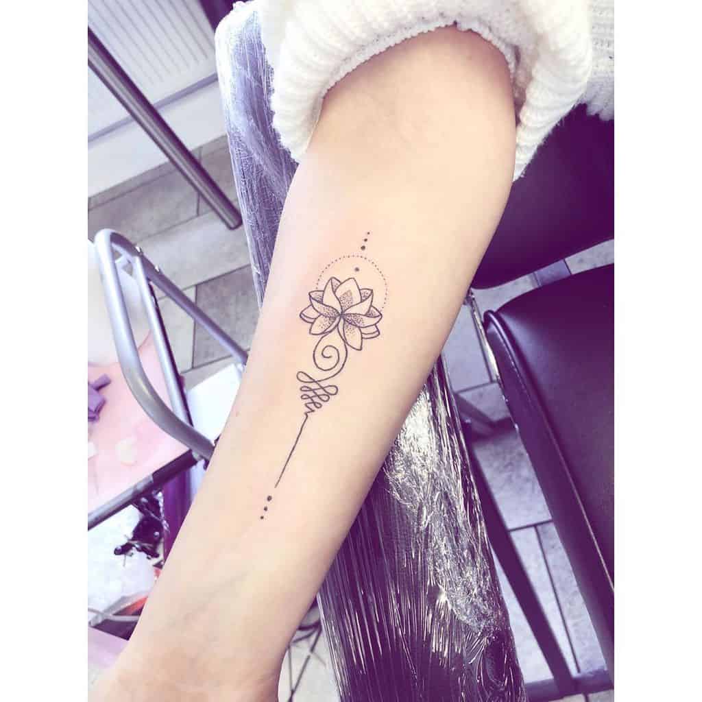 Unalome tattoo with a lotus on the forearm, symbolizing spiritual growth, enlightenment, and the journey toward inner peace.