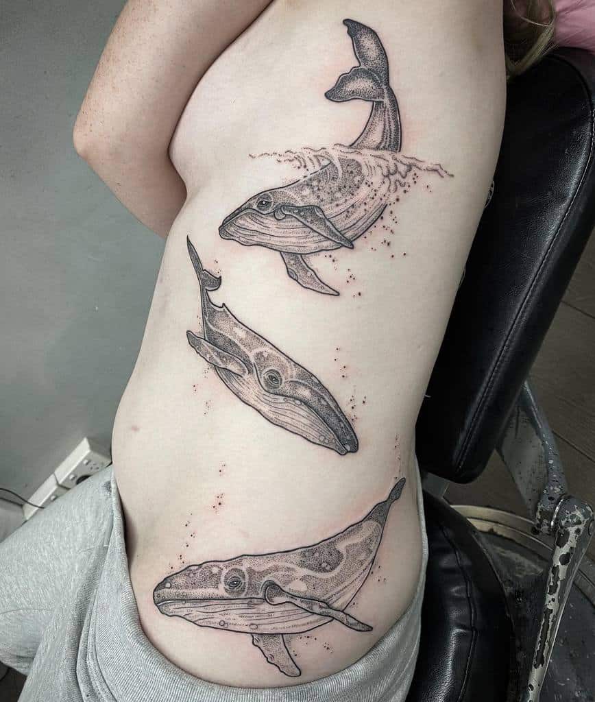 Three detailed whale tattoos from ocean, depicting different whale poses