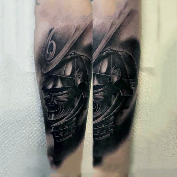 Black Work Samurai Mask Classic Forearm Tattoo For Guys