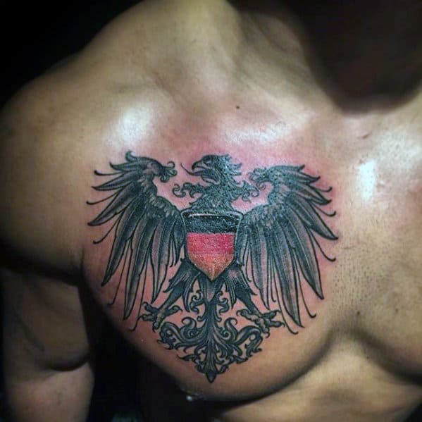 Black Yellow And Red Guys German Eagle Upper Chest Tattoos