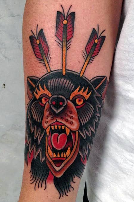 Black Yellow And Red Ink Male Traditional Bear Forearm Tattoos