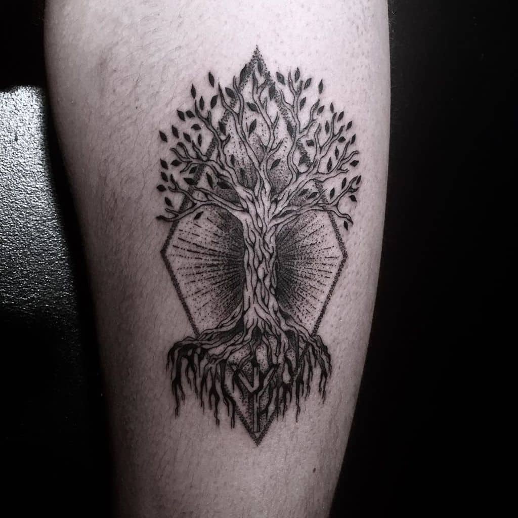Minimalist Yggdrasil tattoo with fine-line detailing, geometric shading, and deep roots forming runes, symbolizing life and connection.