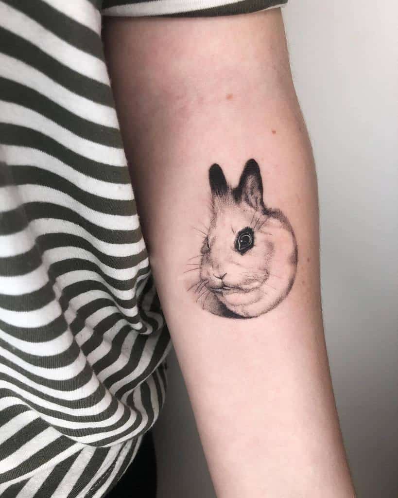 Realistic black and gray tattoo of a rabbit’s face, set against a circular background