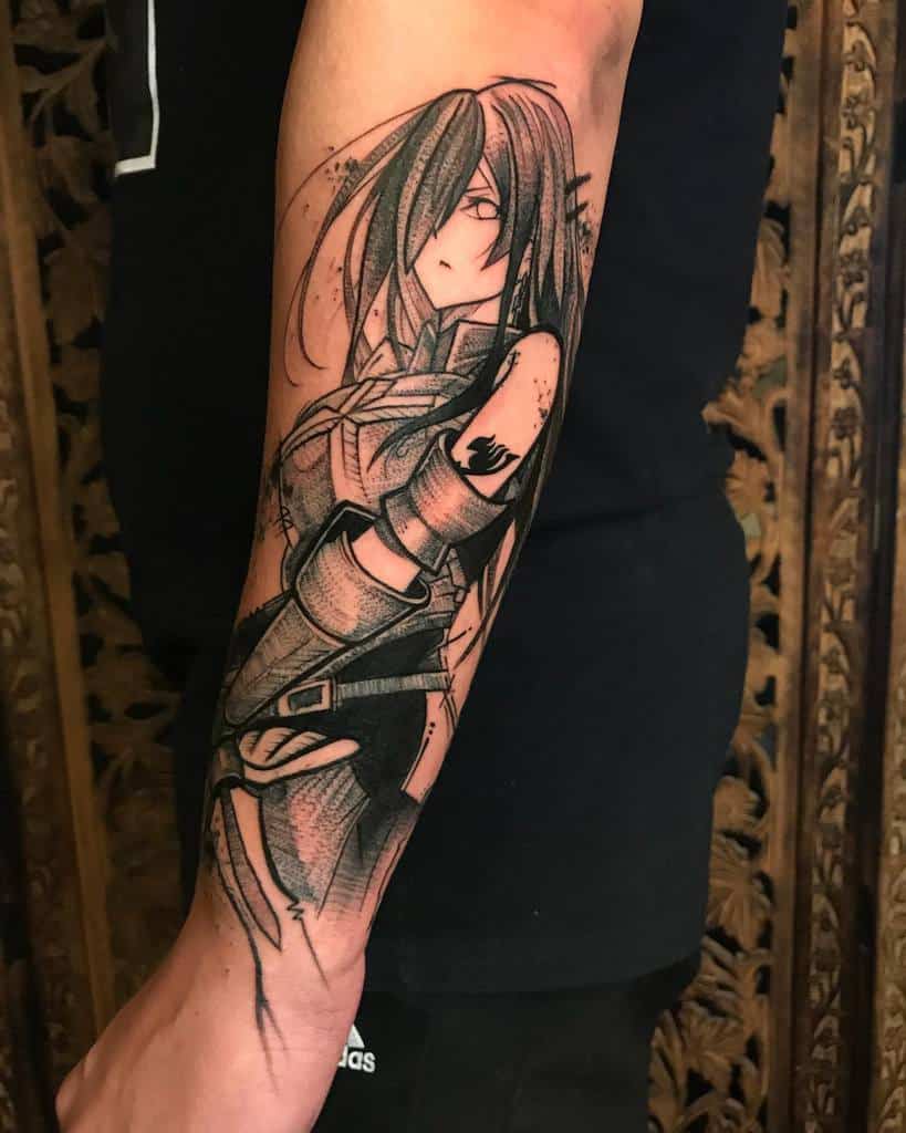 Black and grey tattoo of Erza Scarlet from Fairy Tail on the forearm, featuring bold shading, intricate linework, and a fierce expression.