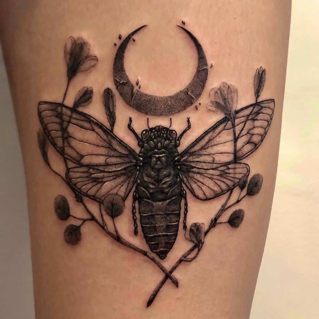 Tattoo of a cicada with a crescent moon and floral elements on the skin