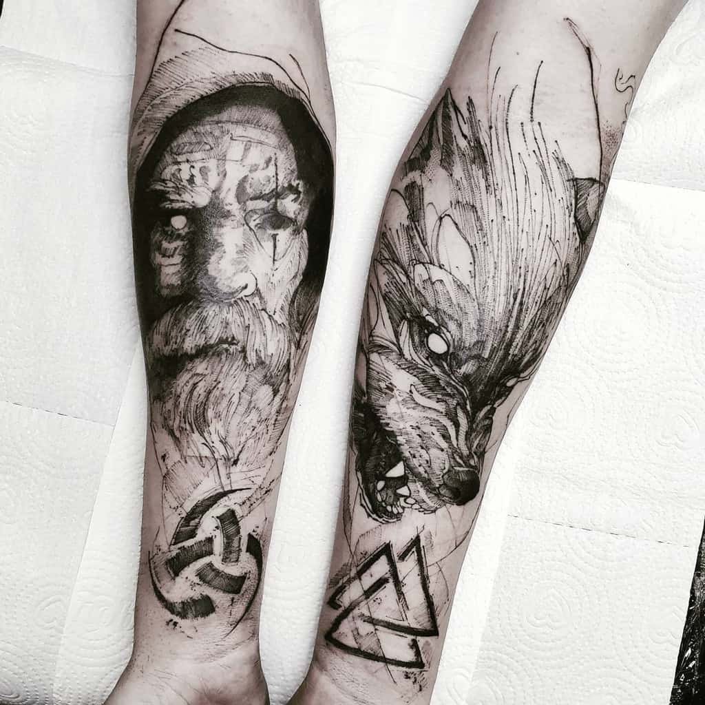 Blackwork tattoos featuring a Norse elder and Fenrir, the monstrous wolf from Norse mythology, with runic symbols