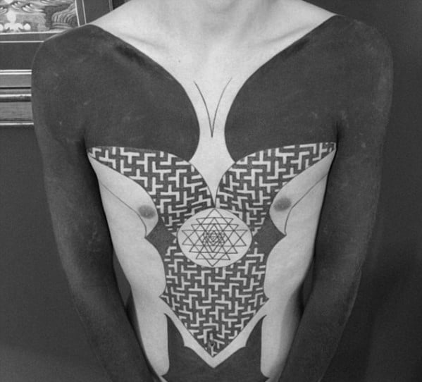 Blackwork All Black Mens Pattern Chest Tattoo