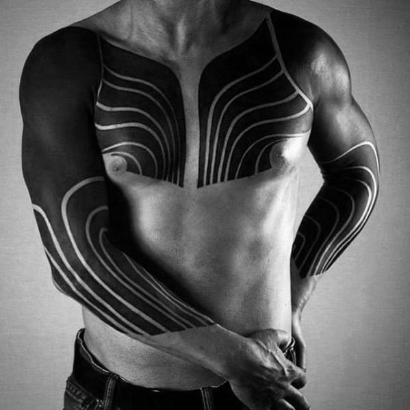 Blackwork Awesome Guys Unique Sleeve And Chest Tattoos
