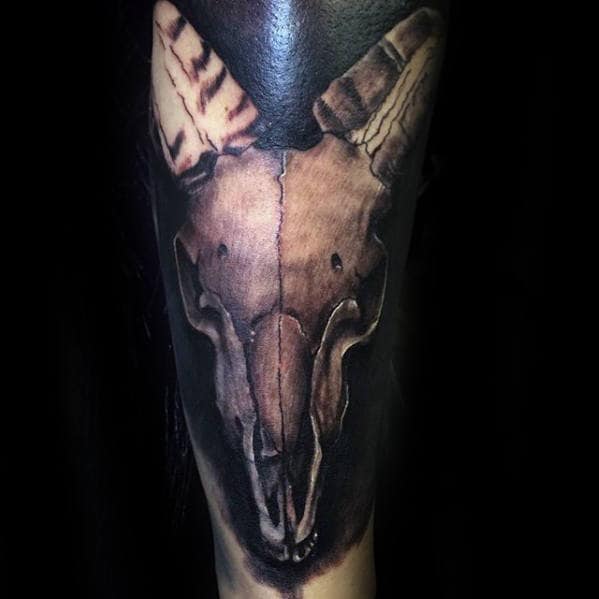 Blackwork Background With Goat Skull Male Lower Leg Sleeve Tattoos