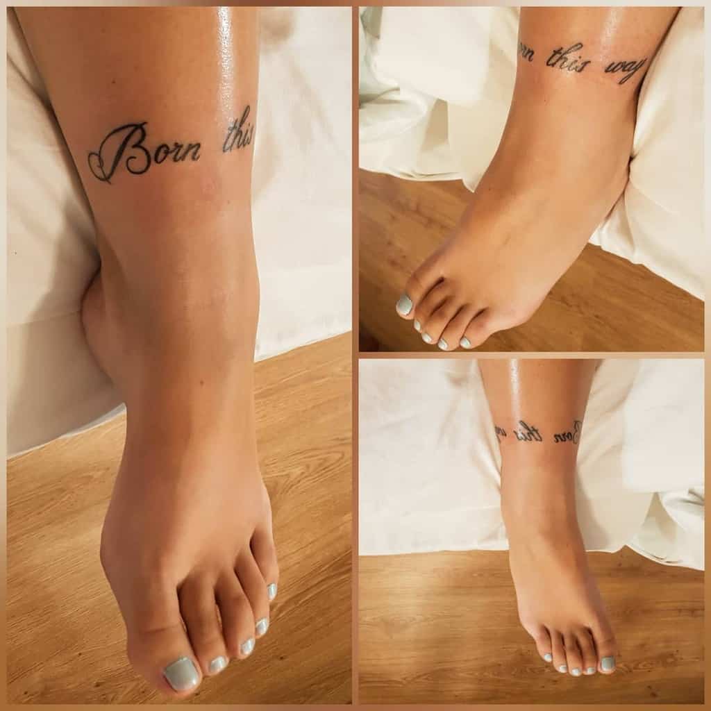 Collage of a foot with a tattoo reading "Born this way" on the ankle
