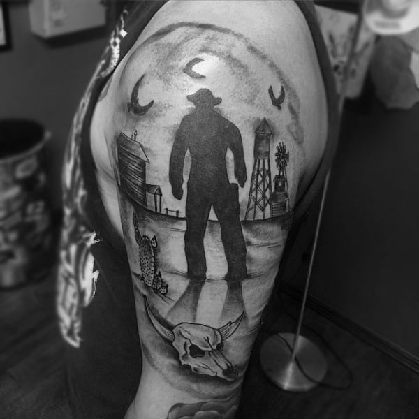 Blackwork Detailed Tattoo Shadow Man In Desert Half Sleeve