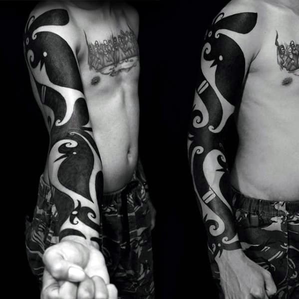 Blackwork Full Arm Guys Tattoos With Badass Tribal Design