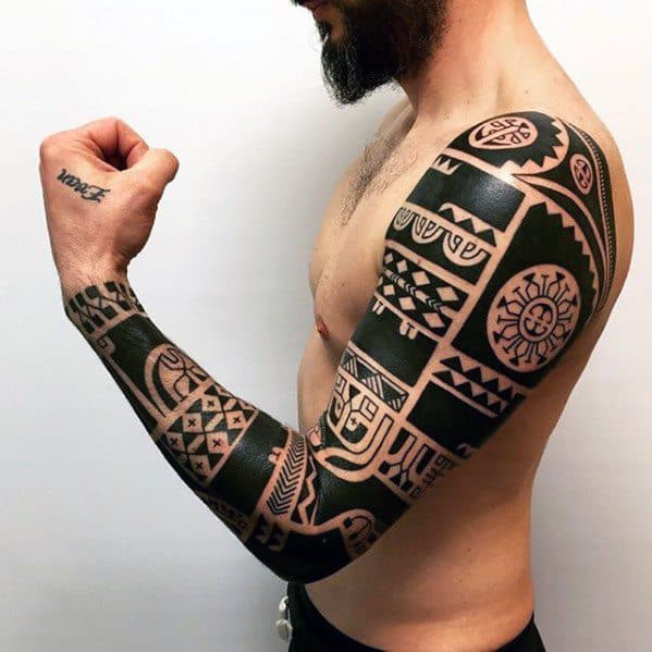 Blackwork Full Arm Sleeve Badass Tribal Tattoos Guys