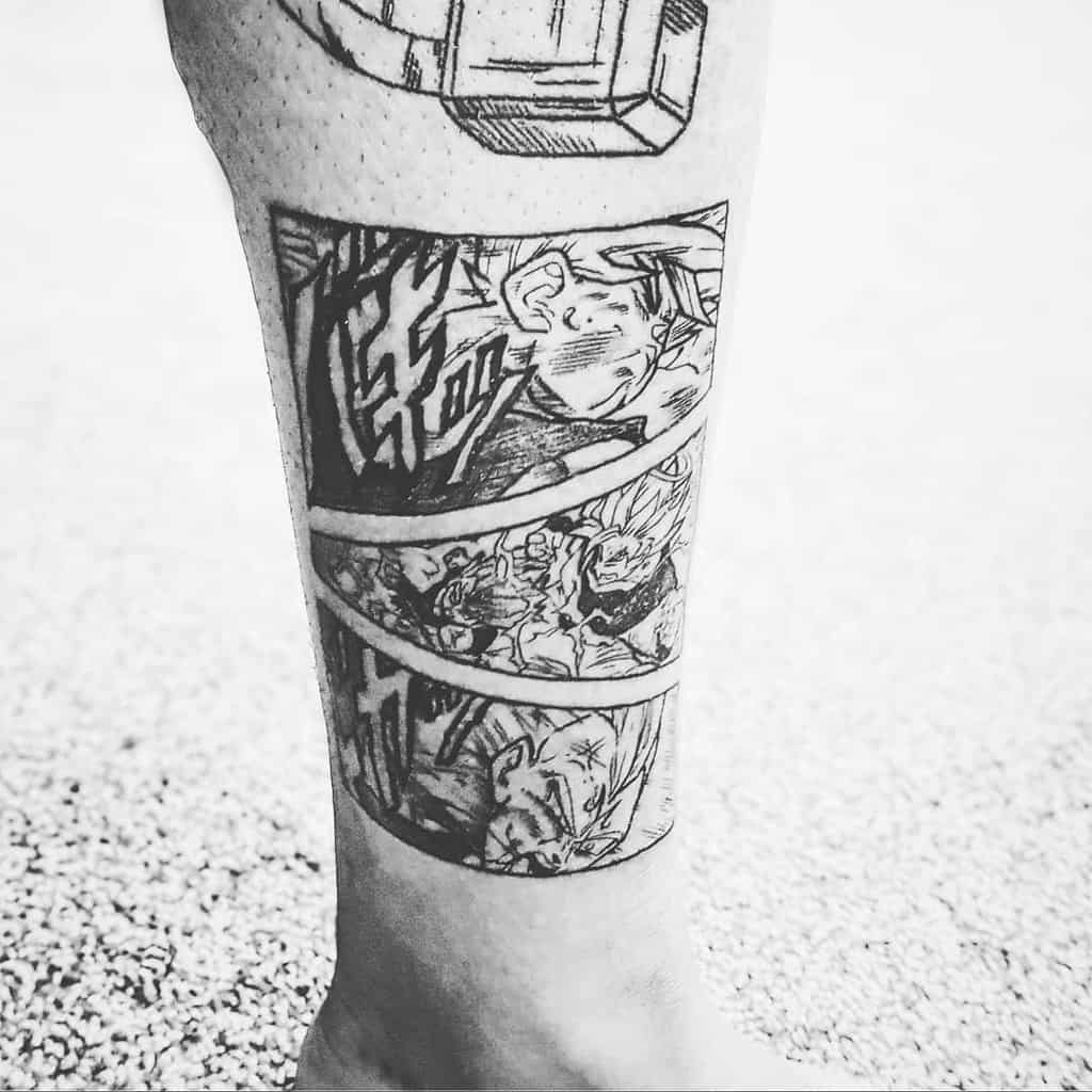 A black and white tattoo featuring a Dragon Ball scene, with multiple panels showing intense action and Goku in combat.