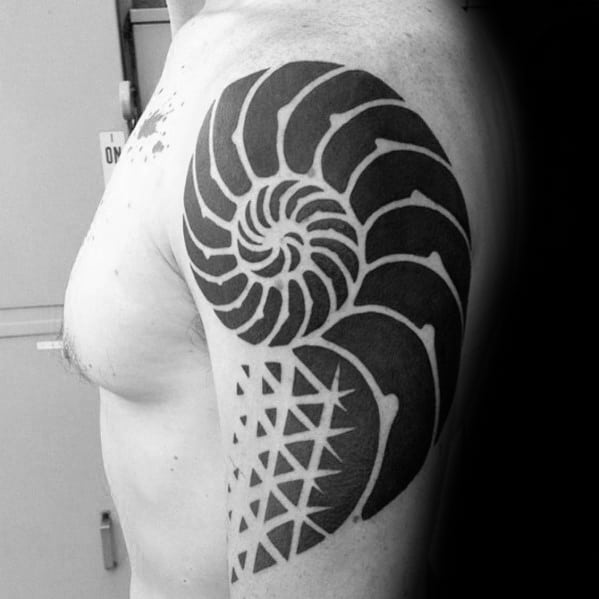 Blackwork Geometric Arm Ammonite Tattoos For Gentlemen