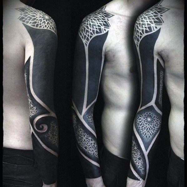 Blackwork Geometric Pattern Manly Guys Cover Up Sleeve Tattoos