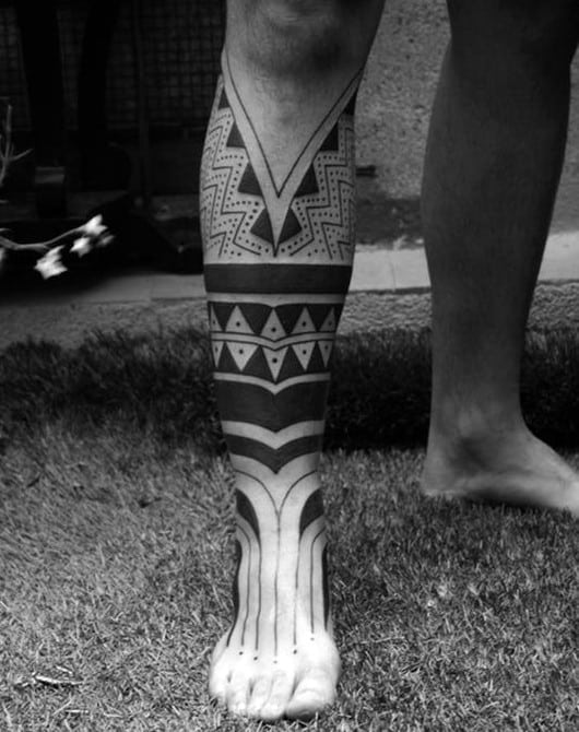 Blackwork Guys Leg And Foot Tribal Geometric Tattoo Ideas