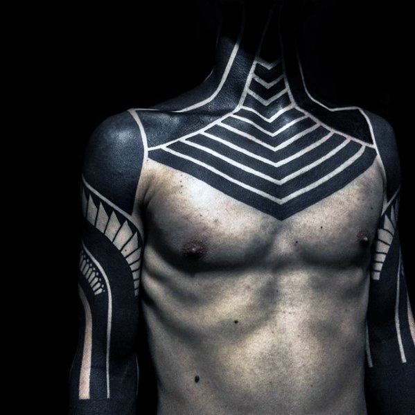 Blackwork Guys Negative Space Cover Up Tattoo Design On Chest