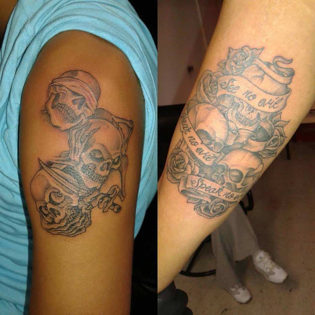 Two blackwork tattoos featuring skulls symbolizing 'Hear No Evil, See No Evil, Speak No Evil,' adorned with banners and roses