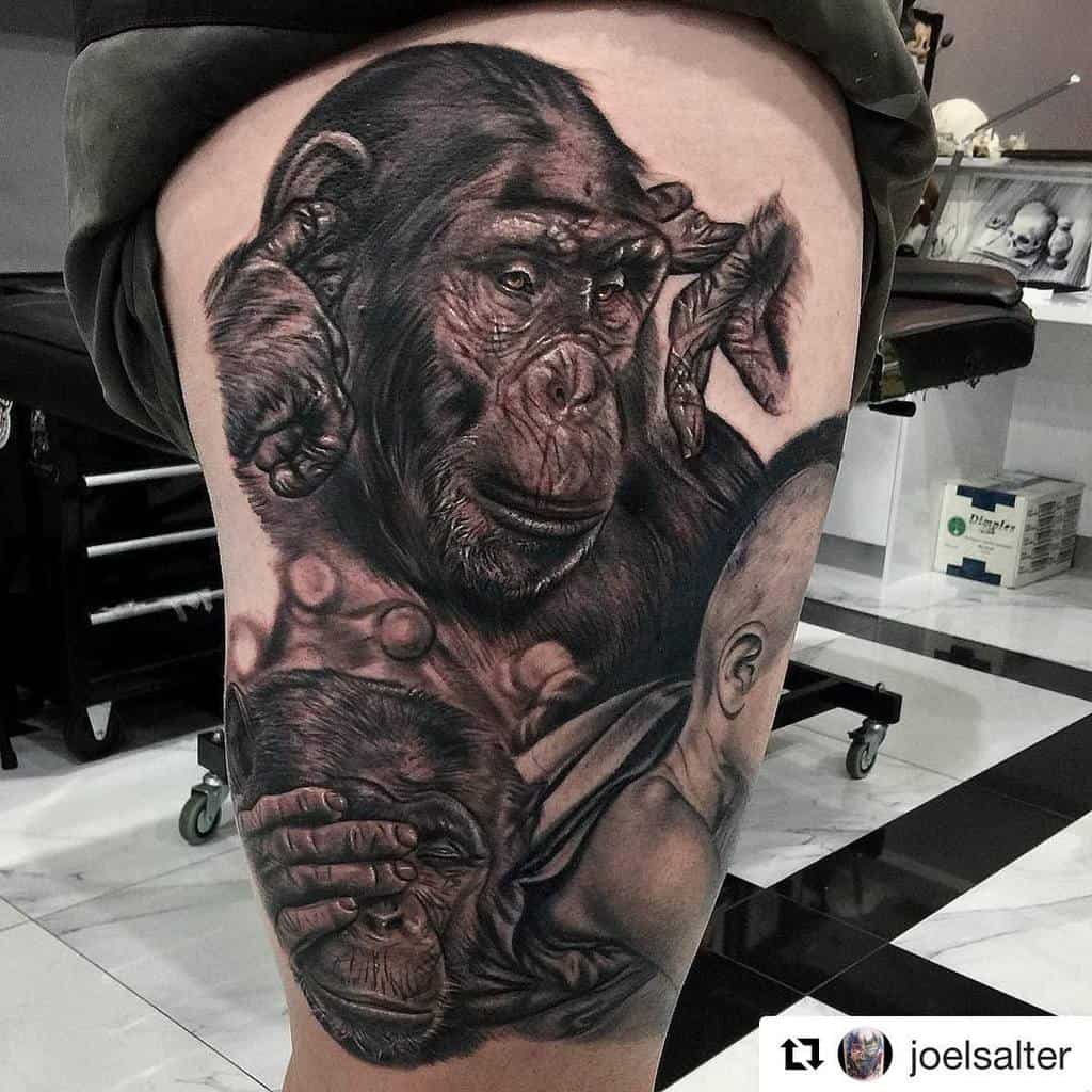 Realistic tattoo of three wise monkeys on a leg: see no evil, hear no evil, speak no evil