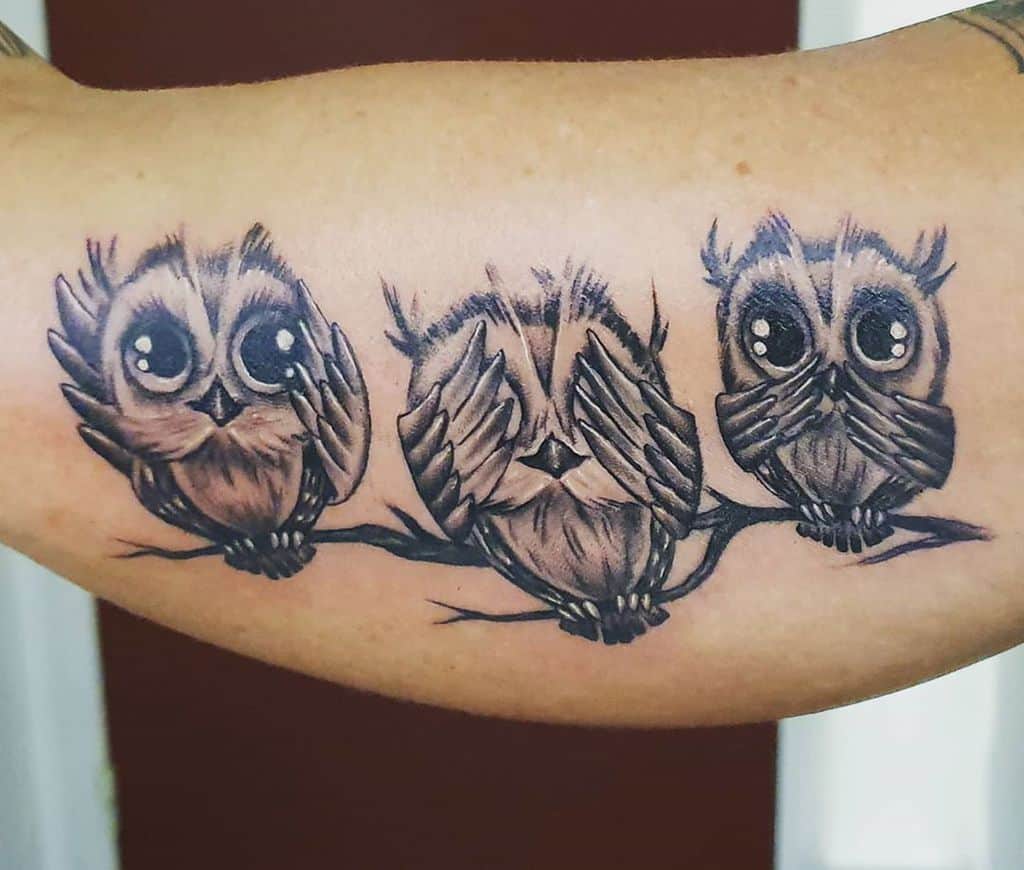 Tattoo of three owls on a branch: one covering its eyes, another its ears, and the last its mouth