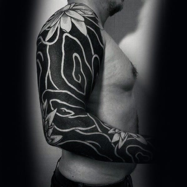 Blackwork Insane Mens Full Arm Sleeve Tattoo With Flowers