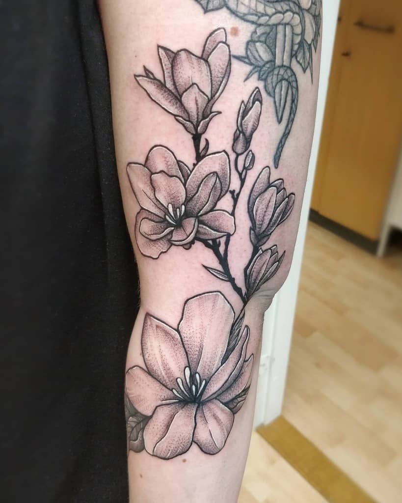 Arm tattoo of detailed magnolia flowers with shaded petals and buds