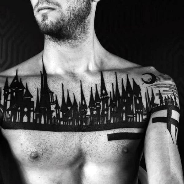 Blackwork Male Building Upper Chest Tattoos