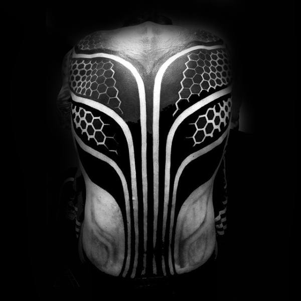 Blackwork Male Hexagon Pattern Factal Back Tattoos