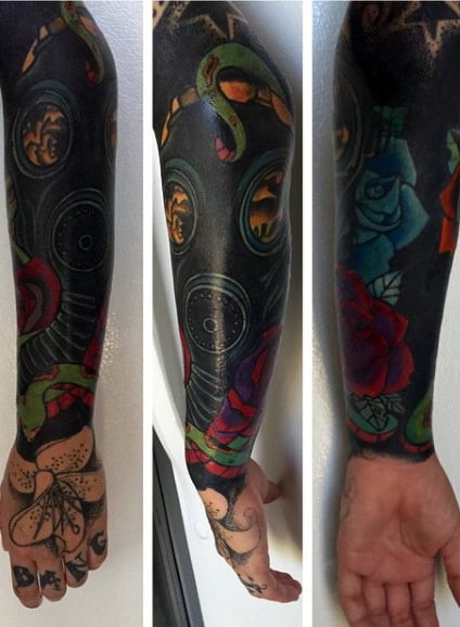 Blackwork Mens Gas Mask Tattoo Lower Arm Sleeve