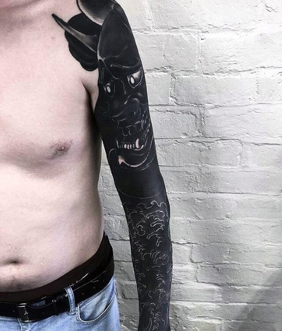Blackwork Mens Japanese Wave Demon Oni Mask Sleeve Tattoo Design