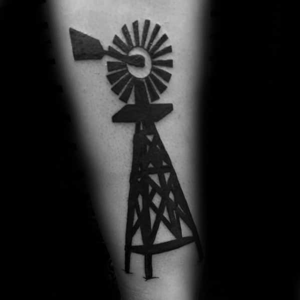 Blackwork Mens Small Windmill Tattoo Design Ideas On Inner Forearm