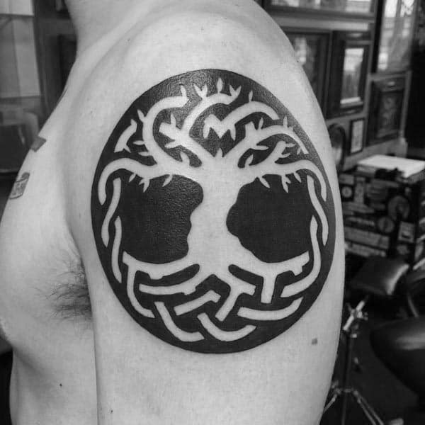 Blackwork Negative Space Tree Of Life Circle Mens Upper Arm Tattoo