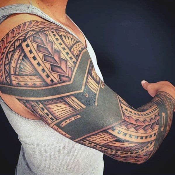 Blackwork Polynesian Tribal Male Sleeve Tattoos