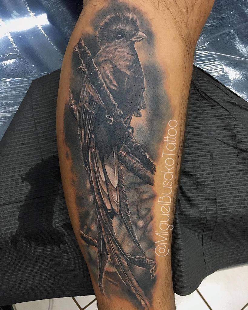 Intricate tattoo of a quetzal perched on a branch, covering a leg, with detailed shading and texture