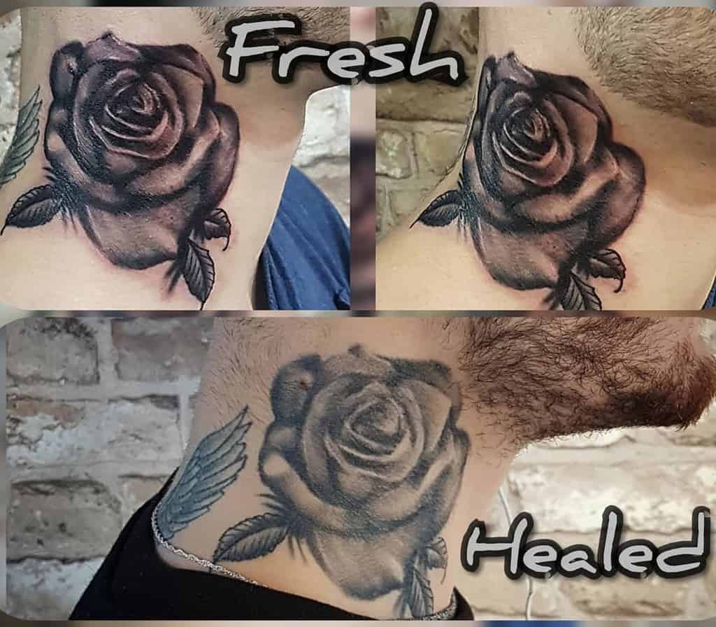 Blackwork neck tattoo of a rose, showcasing bold shading and fine details, with a comparison of fresh and healed stages