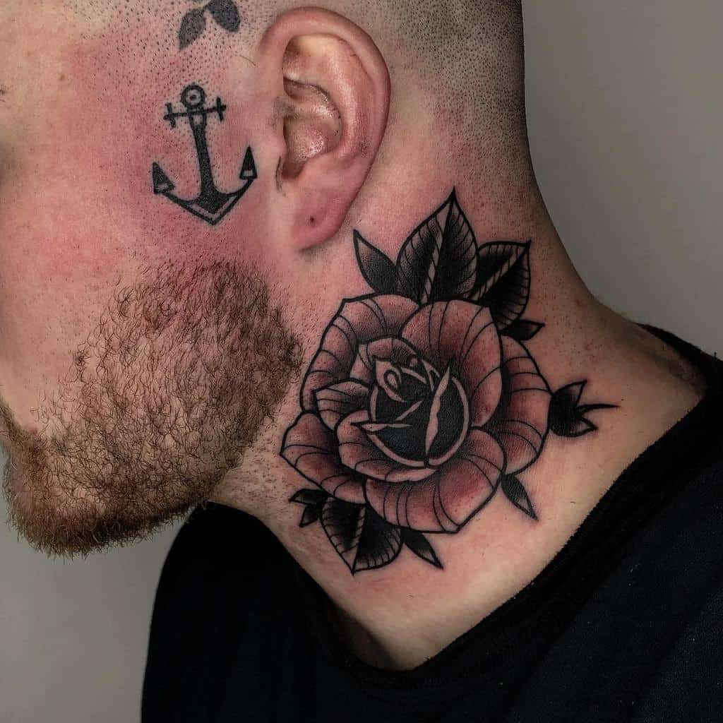A man with a striking rose tattoo adorning his neck
