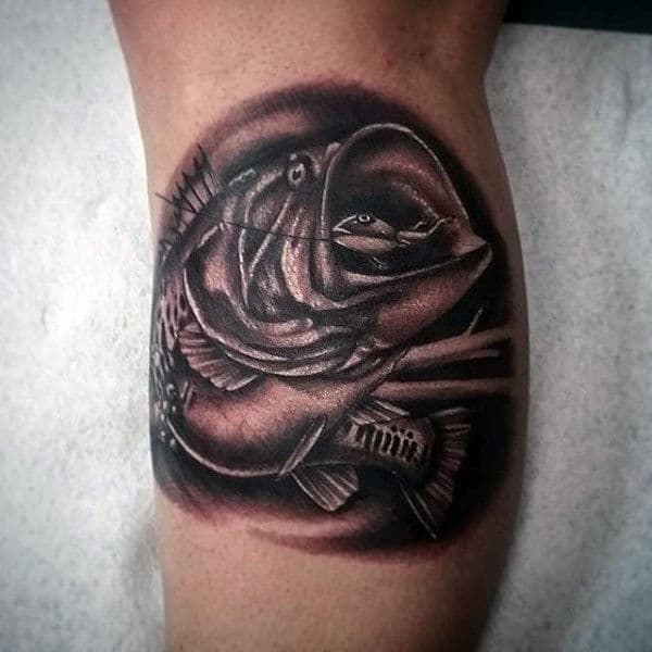 Blackwork Shaded Leg Bass Tattoo On Guy
