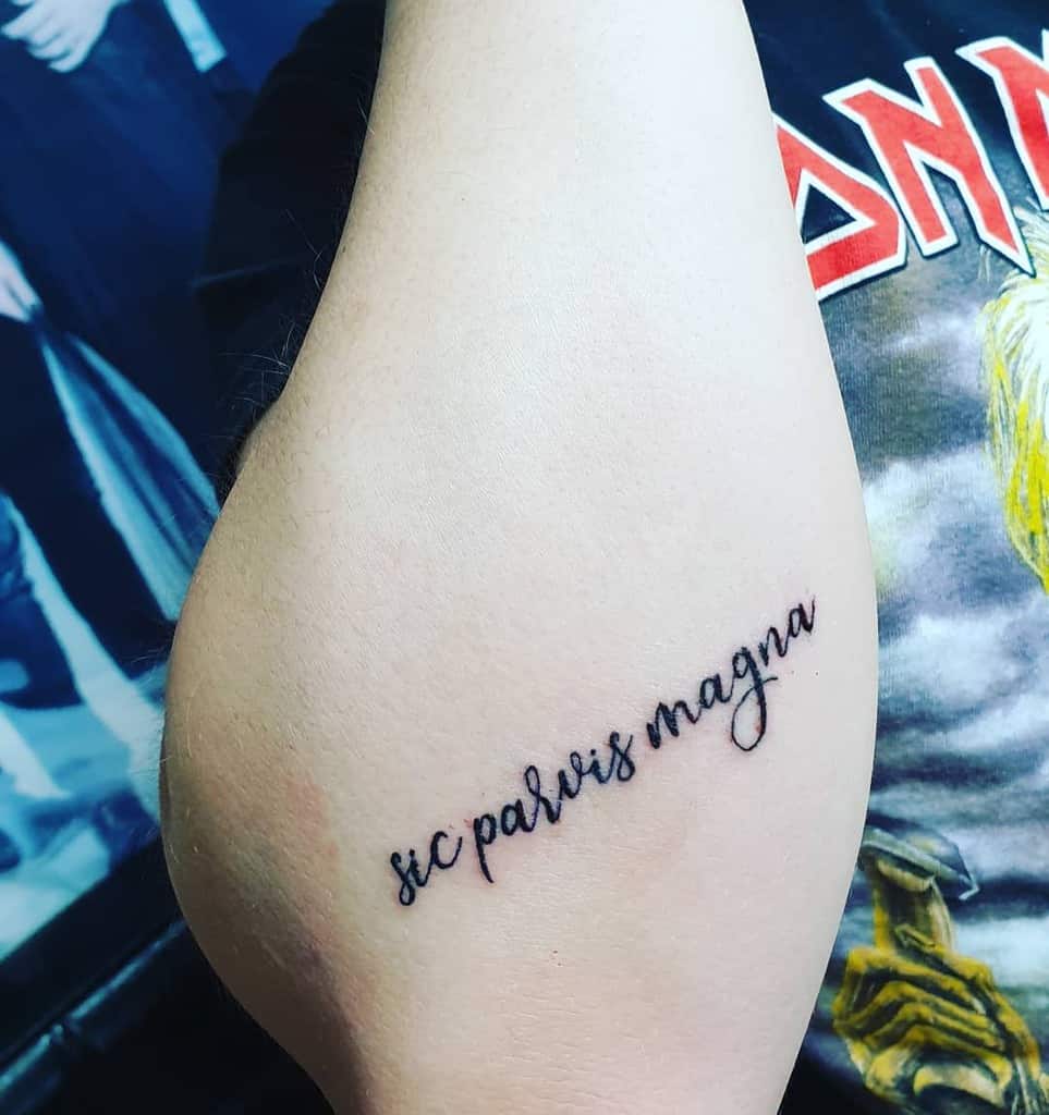 Tattoo on an arm reads "sic parvis magna" in cursive script