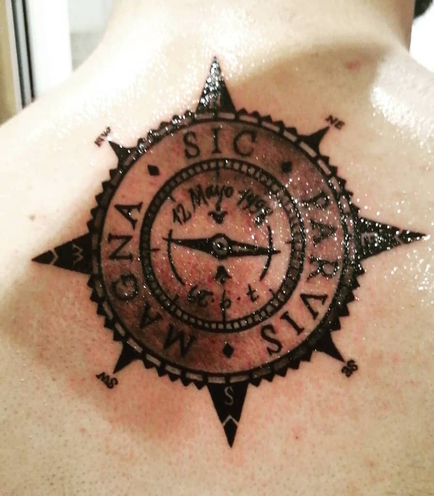 A compass tattoo on a person's back with the date "12 Mayo 1986" and the words "SIC PARVIS MAGNA"