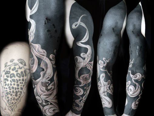 Blackwork Smoke Design Tattoo Cover Up Sleeve For Males