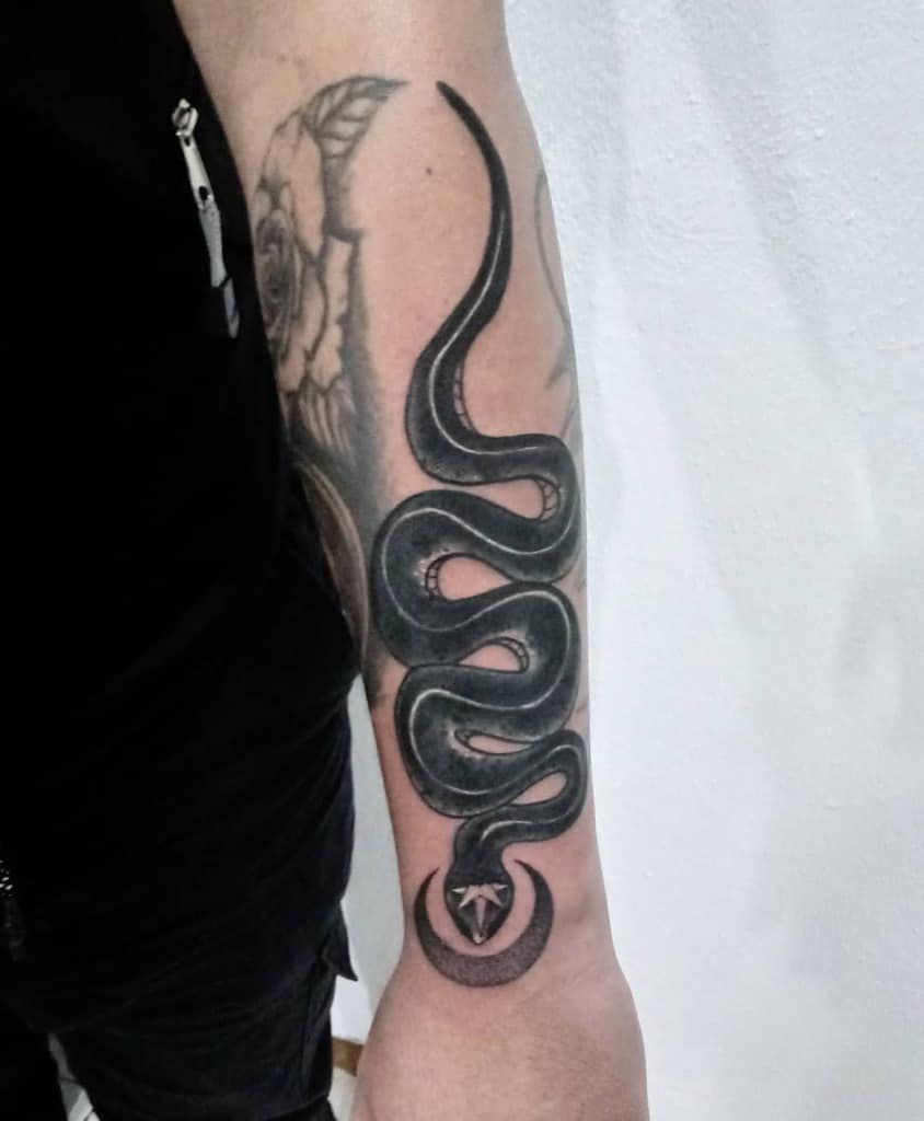 A black snake tattoo wraps around a person's forearm